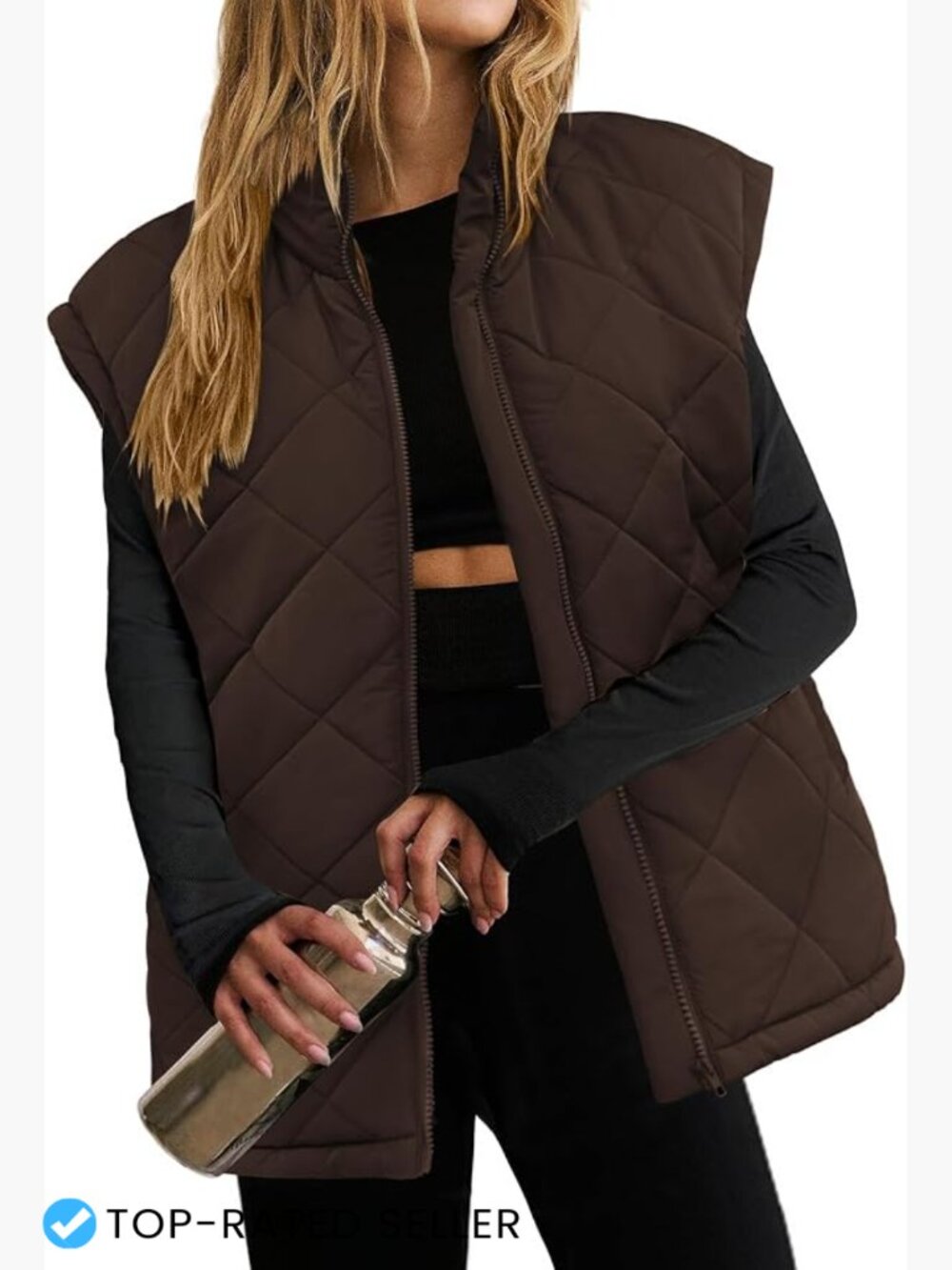 Oversized Quilted Puffer Vest Zip Up Stand Collar Lightweight Sleeveless Winter
